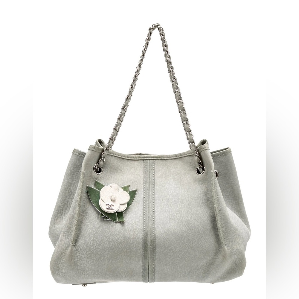 CHANEL Nubuck Camelia Gray Vintage Shoulder Bag with Elegant Chains